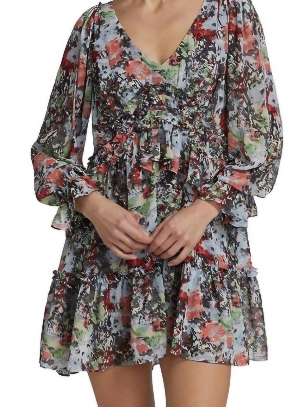 Cinq A Sept Floral Watercolor V-Neck Ruffle Mini Dress - Multicolor Size 0